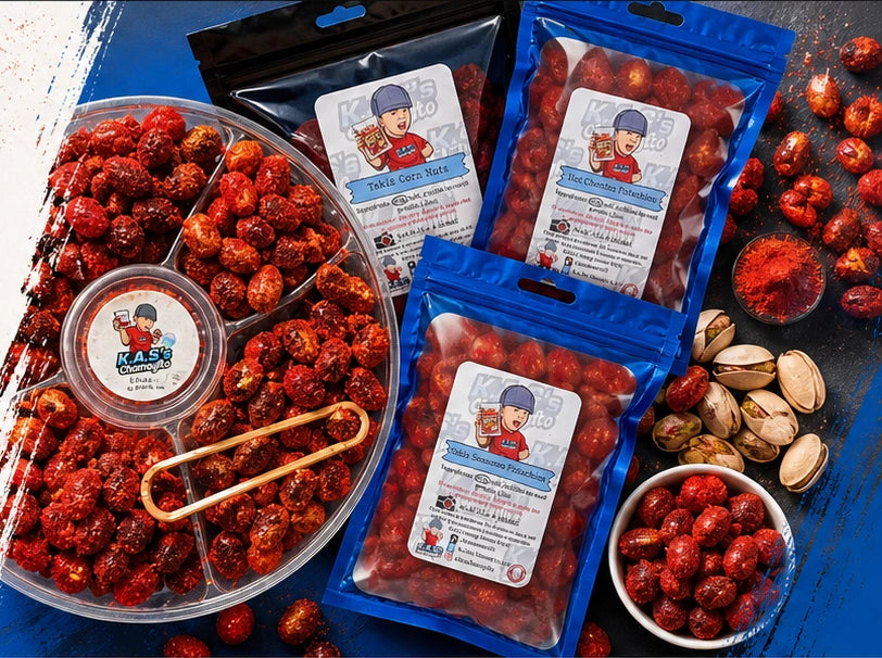 K.A.S.'s Chamoyito seasoned snacks and product bags