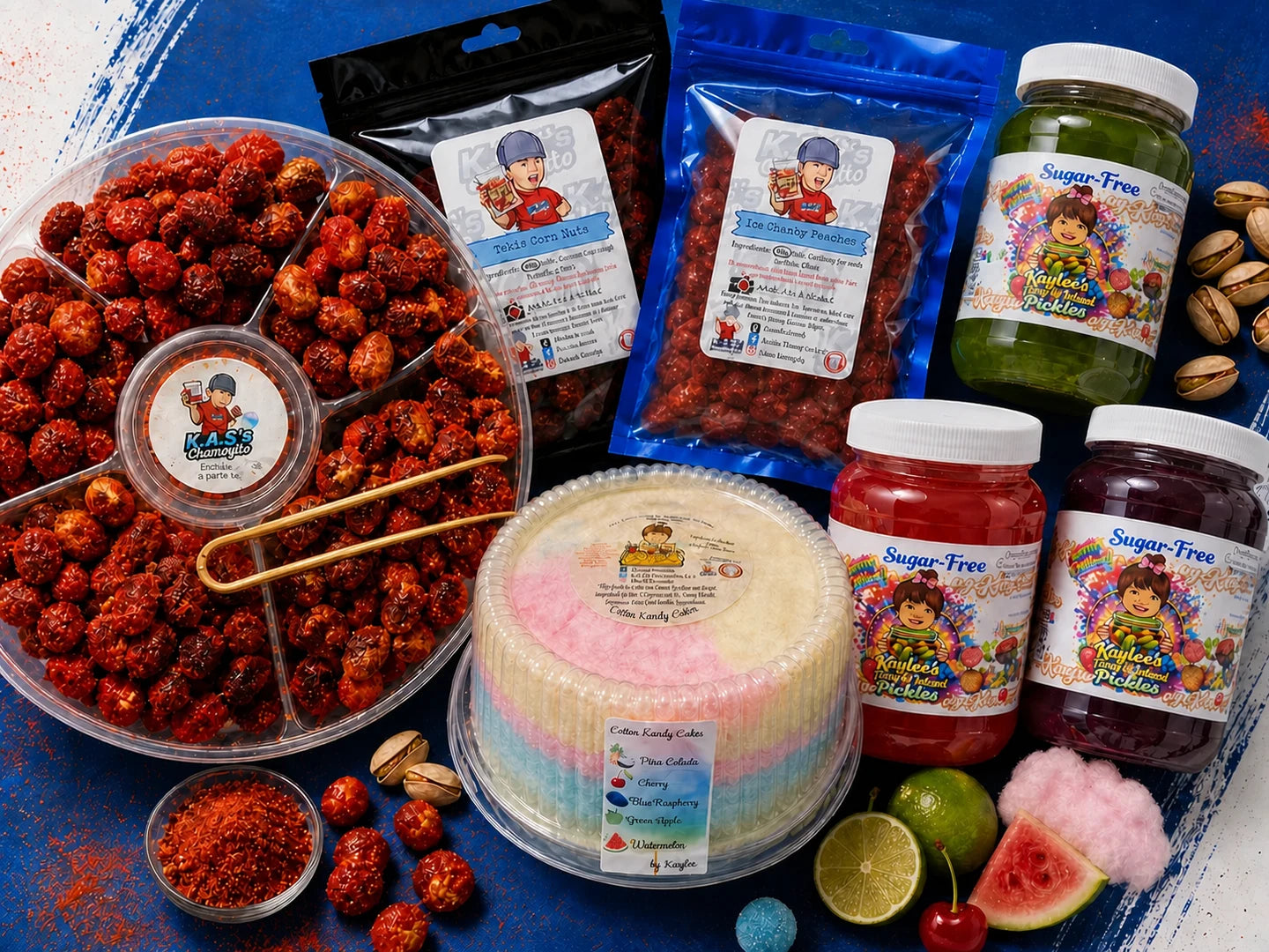 K.A.S.'s Chamoyito seasoned snacks with by Kaylee cotton candy cake and infused pickles